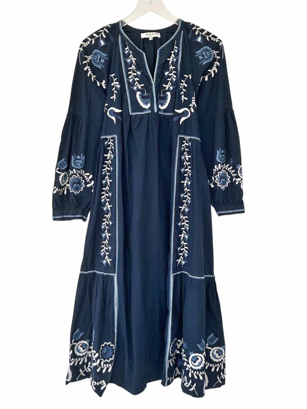 Sea New York Inga Embroidered Floral Navy Blue Long Sleeve Midi Dress Size XS - Picture 2 of 10